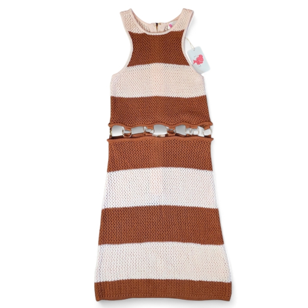 L’ATISTE by Amy Crochet Knit Ring Cutout Mini-Midi Dress Brown Pink Stripes M